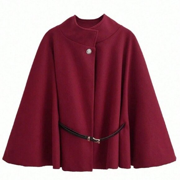 Burgundy Casual Women's Elegant Stand Collar belted Poncho Coat - Picture 4 of 5